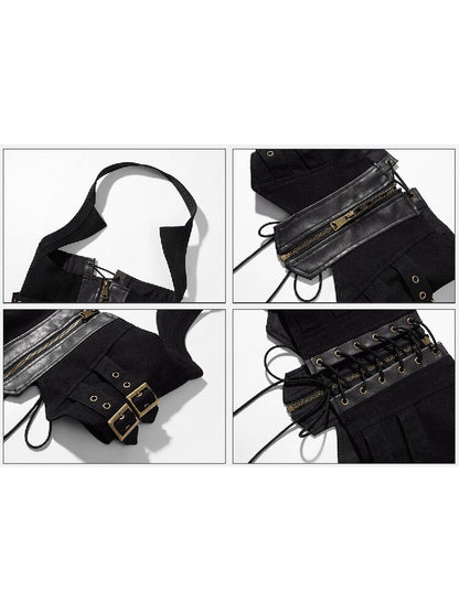 Black Split Leather Paneled Vest【s0000016248】