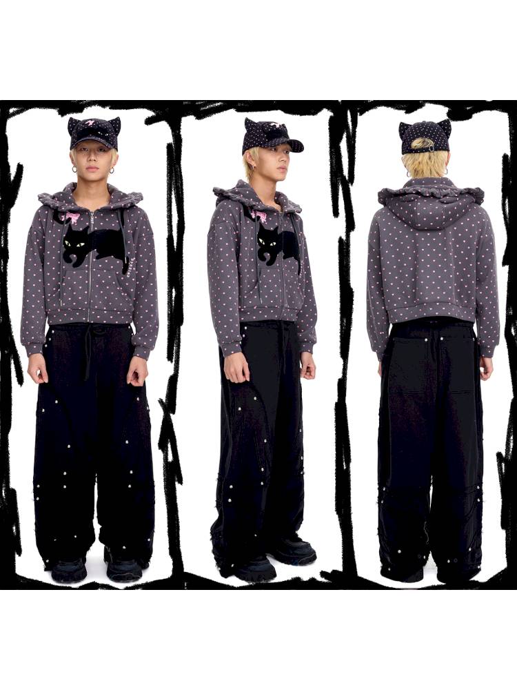 Black Cat Embroidered Cat Ear Hoodie Jacket【s0000014422】
