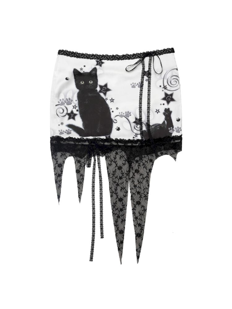 Black Cat Print Lace Half Skirt【s0000012611】