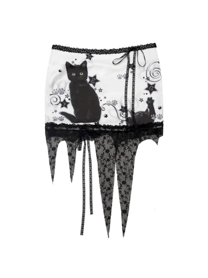 Black Cat Print Lace Half Skirt【s0000012611】