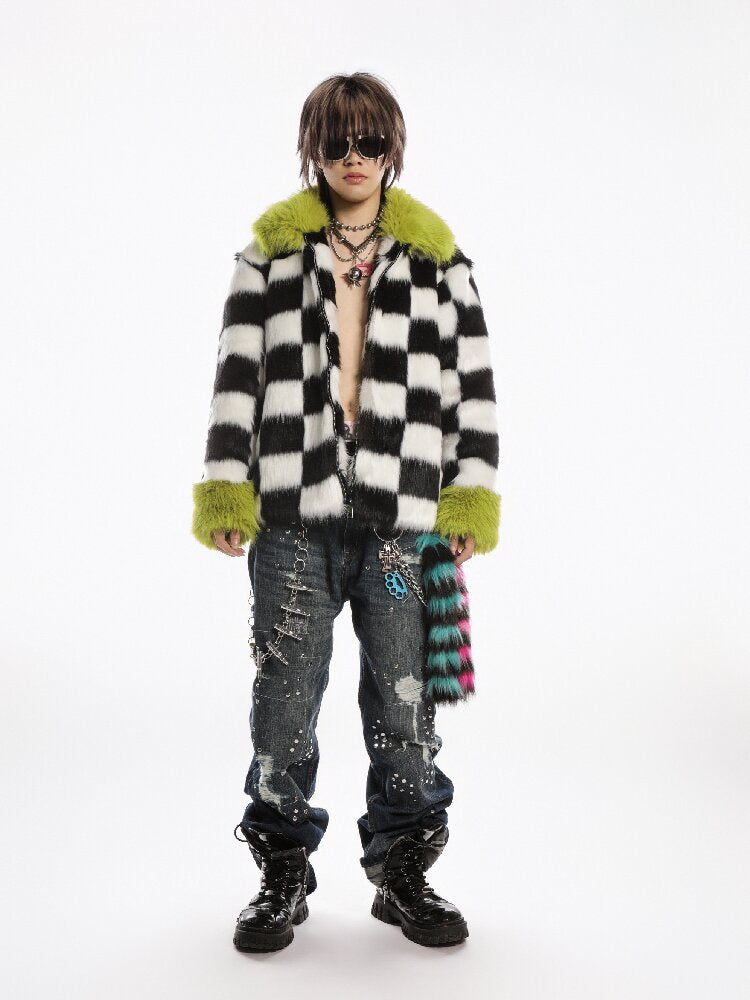 Checkerboard Patchwork Faux Coat【s0000019278】