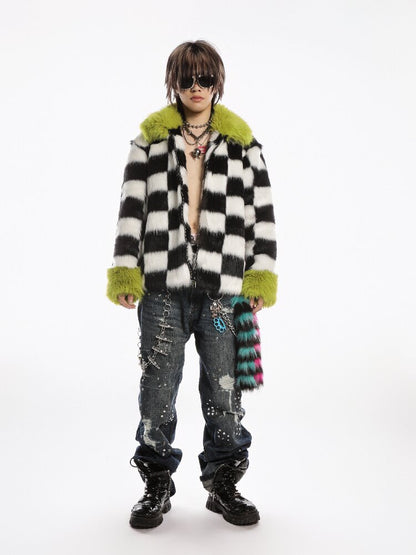 Checkerboard Patchwork Faux Coat【s0000019278】