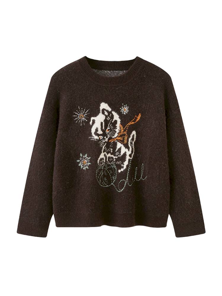 Playful Kitten Round Neck Long Sleeve Sweater【s0000014402】