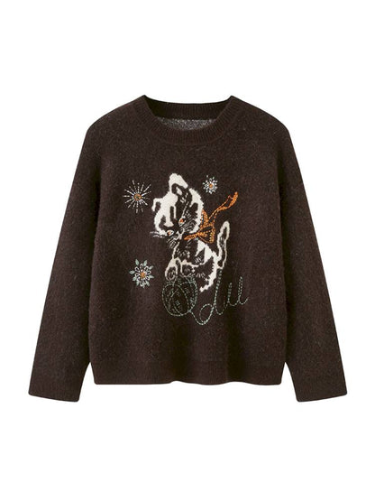 Playful Kitten Round Neck Long Sleeve Sweater【s0000014402】