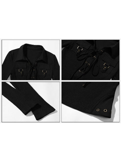 Black Pitted Drawstring Shirt Top【s0000016253】