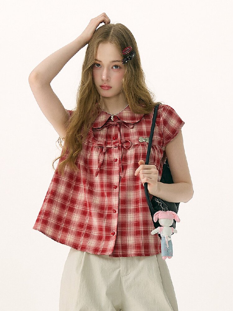 Doll Neck Bow Plaid Preppy Shirt【s0000016850】