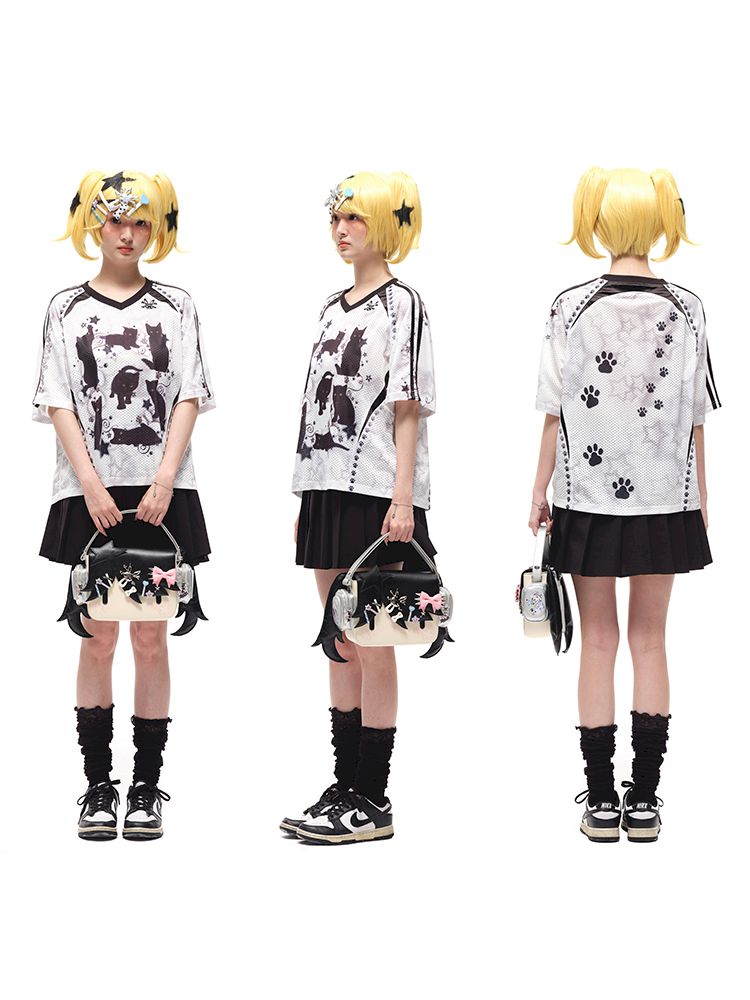 Black cat print shoulder sleeve t-shirt【s0000012586】