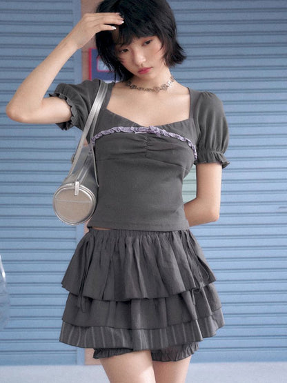 Square Neck Lace Bubble Sleeve Top【s0000013370】
