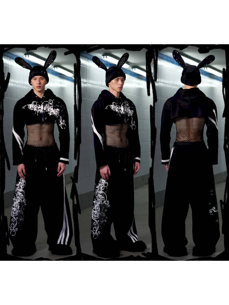 Splatter-Printed Lace-Trimmed Faux Two-Piece Hoodie【s0000014418】