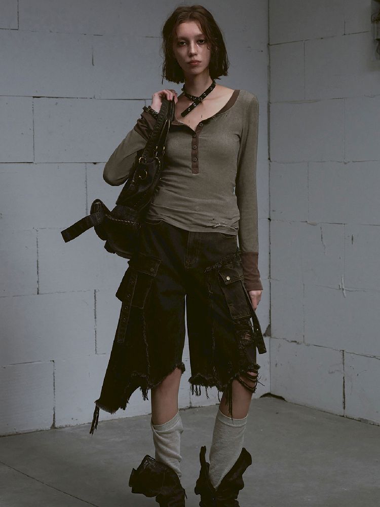 Henley Collar Knit T-Shirt【s0000011850】