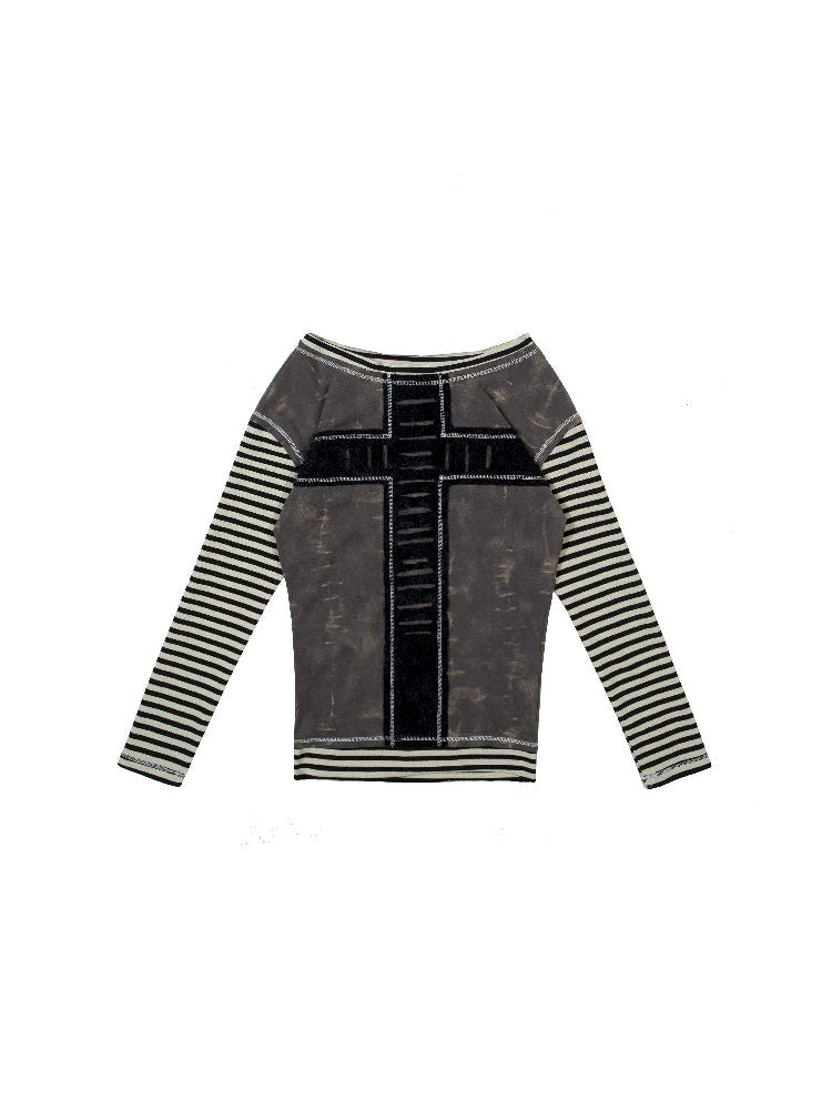 PatchWork Clashing Cross Long Sleeve Knit Top [S0000010496]