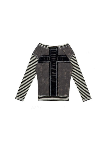 PatchWork Clashing Cross Long Sleeve Knit Top [S0000010496]