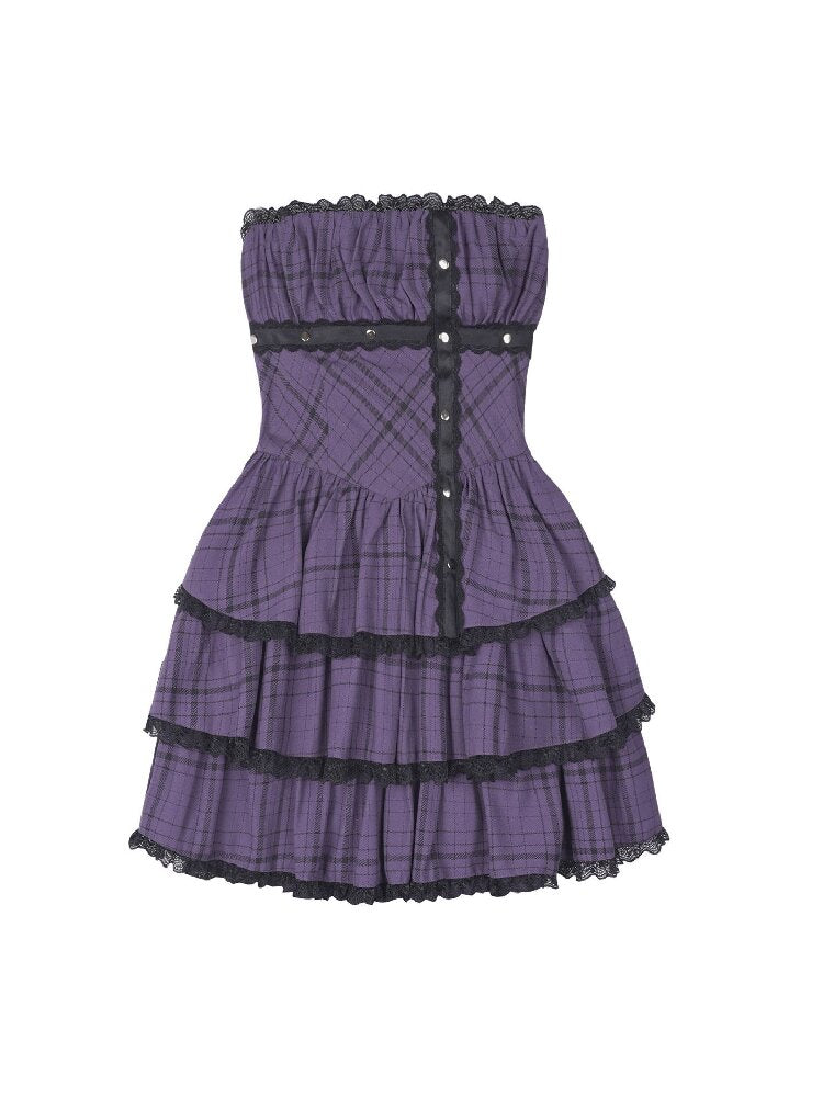 Purple Plaid Bandeau Cake Dress【s0000015757】