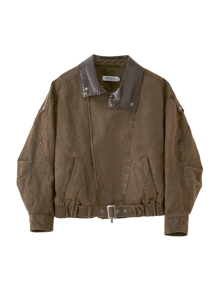 Padded Collar Patchwork Washed Denim Jacket【s0000014069】