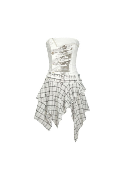 Asymmetrical patchwork plaid strapless dress【s0000012808】