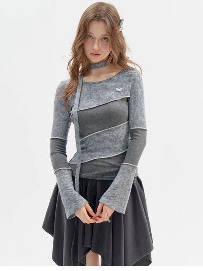 Splicing Collar Long Sleeve T-Shirt【s0000011518】