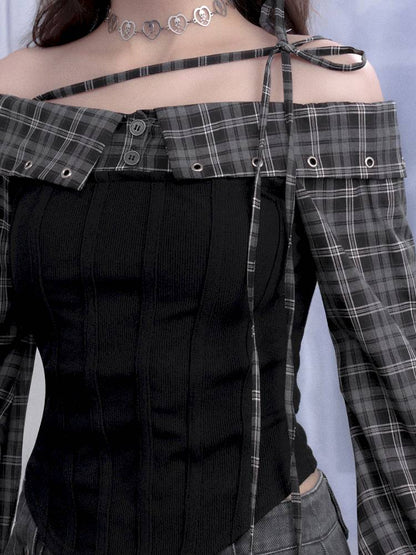 Check Pattern Strap One-Shoulder Shirt【s0000014370】