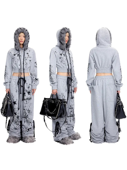 Doodle Print Puffy Drawstring Sweatpants【s0000014092】