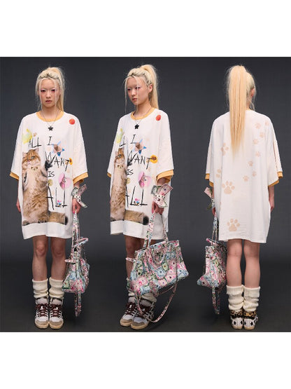 Cat Print Loose Fit T-Shirt【s0000017028】