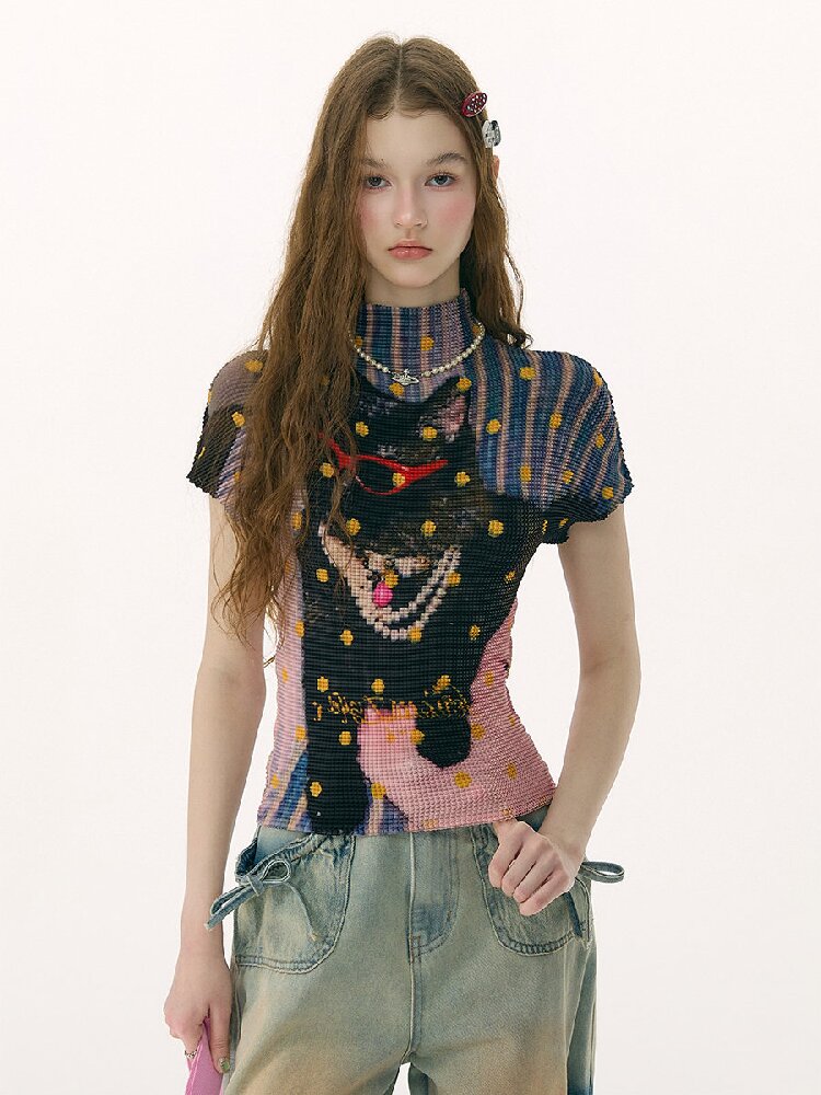 Polka Dot Cat Pleated T-Shirt【s0000016853】