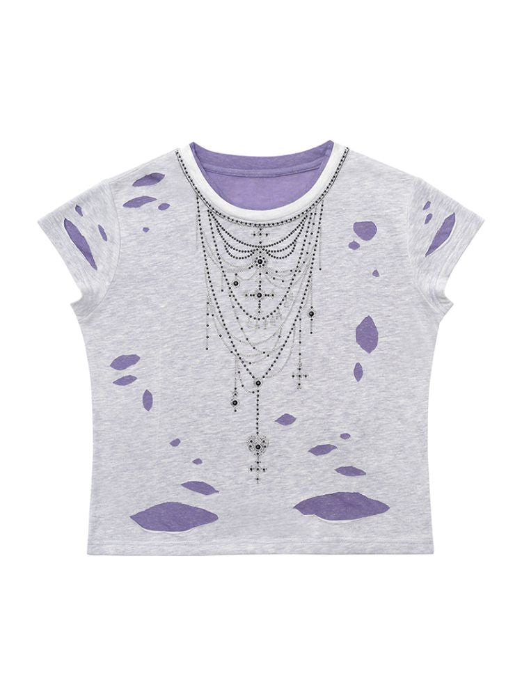 Rhinestone necklace ripped t-shirt【s0000012596】