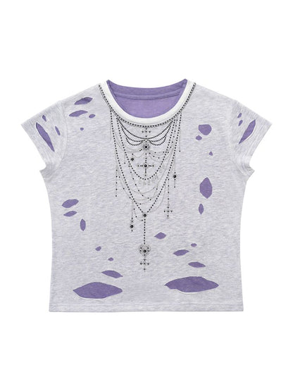 Rhinestone necklace ripped t-shirt【s0000012596】