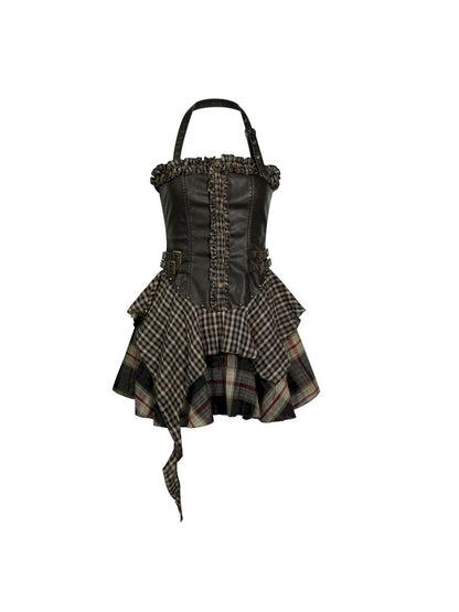 Patchwork Lattice Waisted Dress【s0000013889】