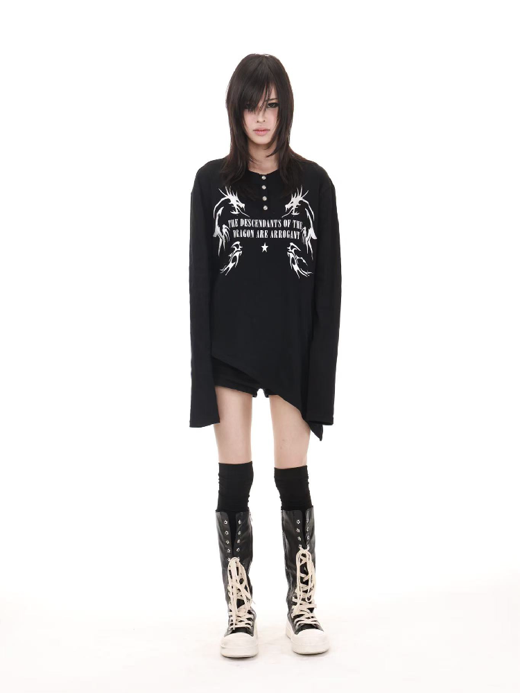 Gold Dragon Slanted Cotton T-Shirt【s0000018206】