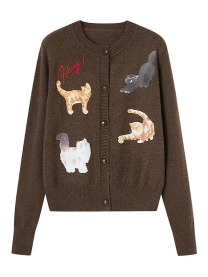 Playful Kitten Print Knit Cardigan【s0000014395】