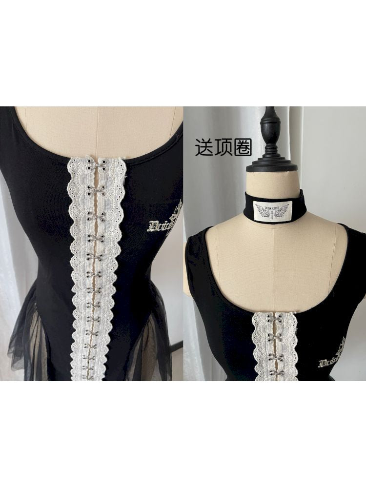 Black lace embroidered knit mesh bodysuit【s0000012809】