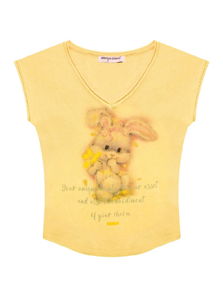 Rabbit Printing V-Neck Short Sleeve T-shirt【s0000012236】
