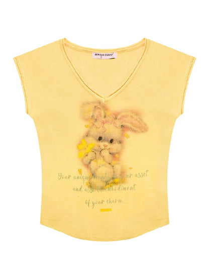 Rabbit Printing V-Neck Short Sleeve T-shirt【s0000012236】