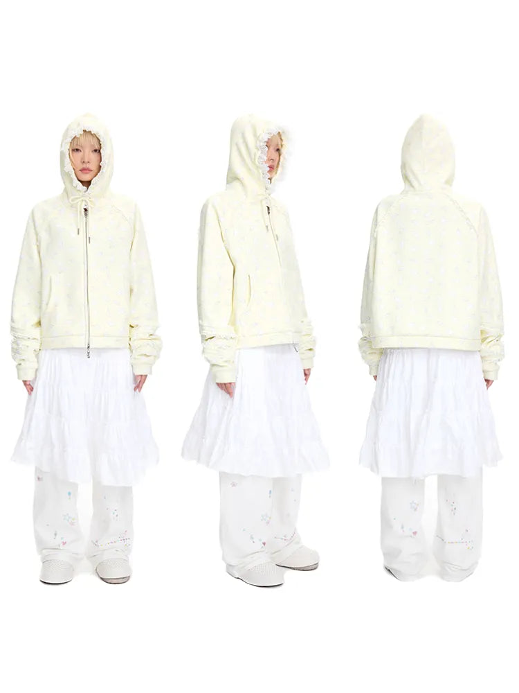 Wing Feather Print Lace-Trim Hoodie【s0000014096】