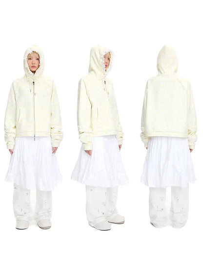 Wing Feather Print Lace-Trim Hoodie【s0000014096】