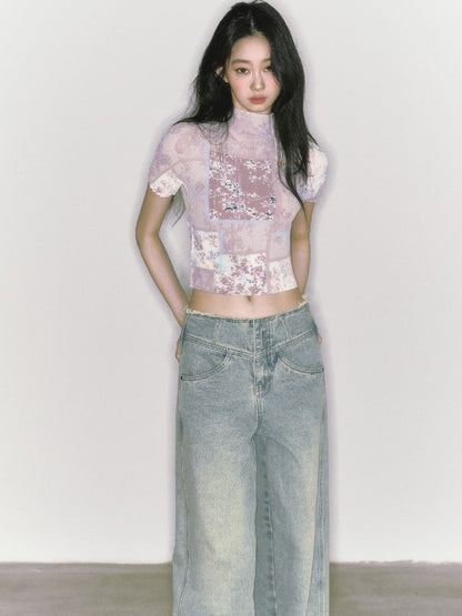 Wide-leg broken holes micro-laundry jeans【s0000012140】