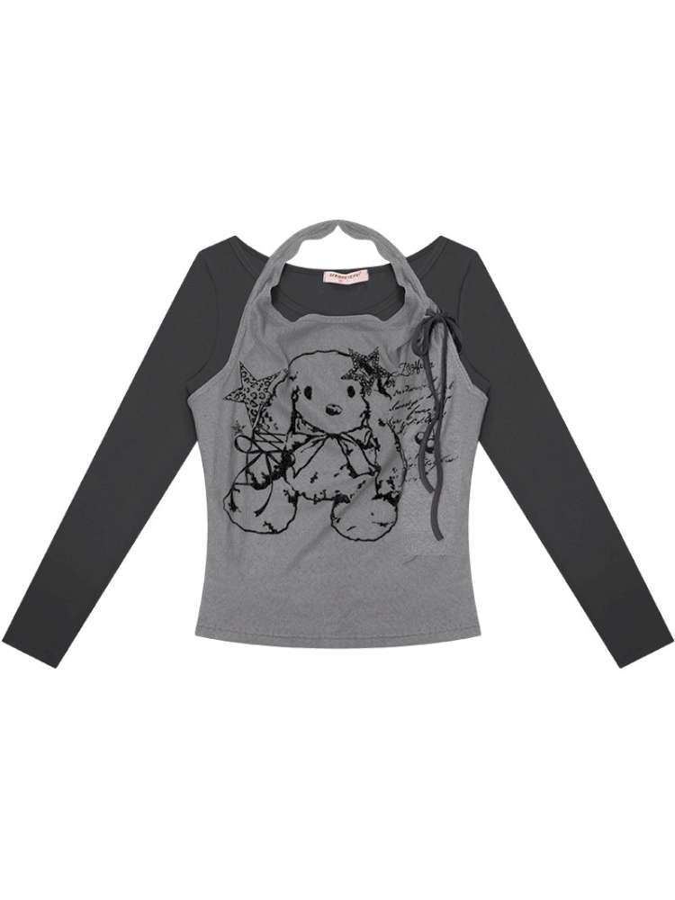 Rabbit Print Slim Halterneck Top【s0000015436】