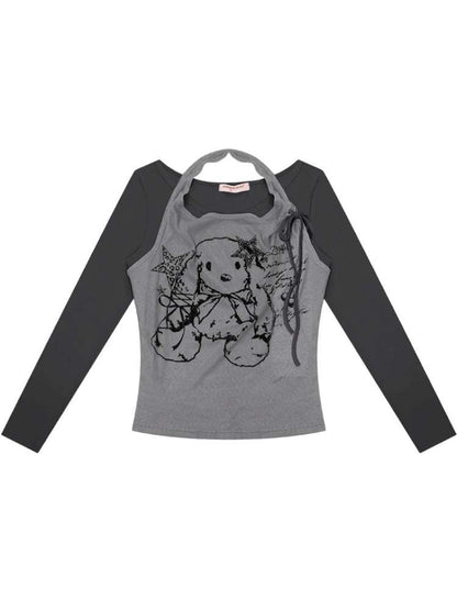 Rabbit Print Slim Halterneck Top【s0000015436】