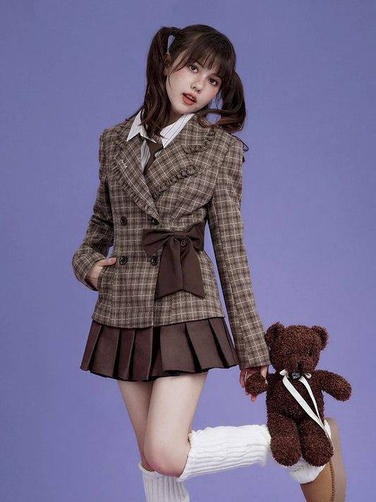 Sweet cool mocha plaid bow blazer【s0000005034】