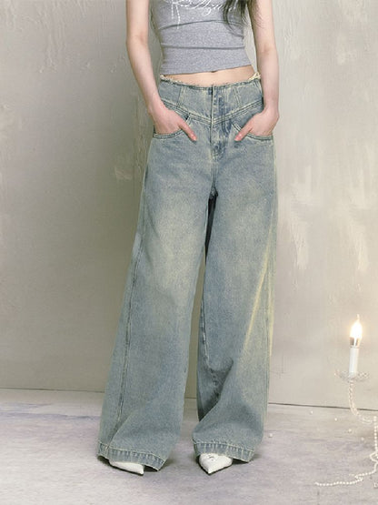 Wide-leg broken holes micro-laundry jeans【s0000012140】