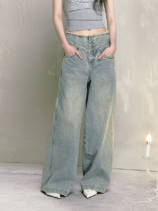 Wide-leg broken holes micro-laundry jeans【s0000012140】