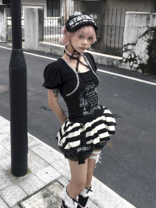 Black bubble sleeves T-shirt top【s0000012812】
