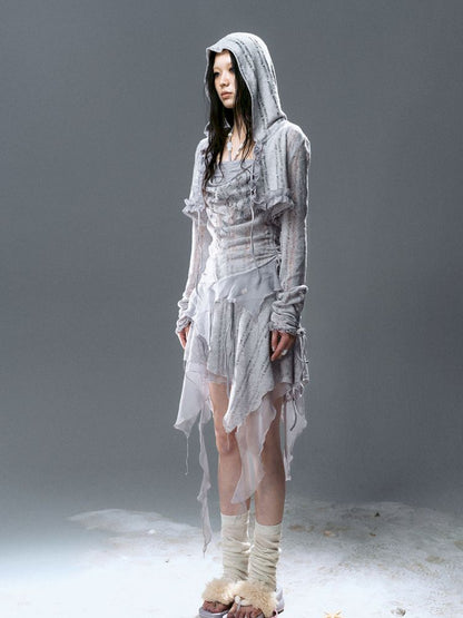 Ruffle Misty Blue Hooded Tunic【s0000012642】