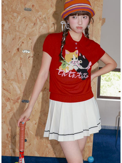 Two-Tone Kitten Knit Short-Sleeve Polo Shirt【s0000013925】