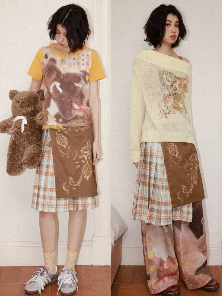 Plaid Flower Pleated Spliced Skirt【s0000015465】