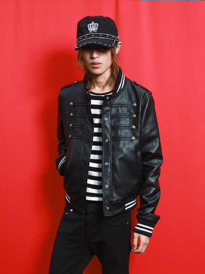 Dark Print Cropped Double Breasted Faux Leather Jacket【s0000019105】