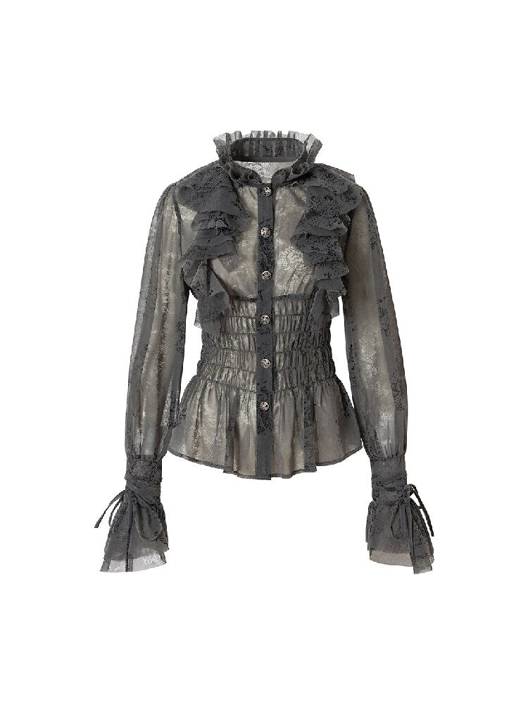 Ruffled Flocked Lace Stand Shirt【s0000016208】