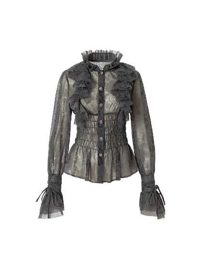 Ruffled Flocked Lace Stand Shirt【s0000016208】