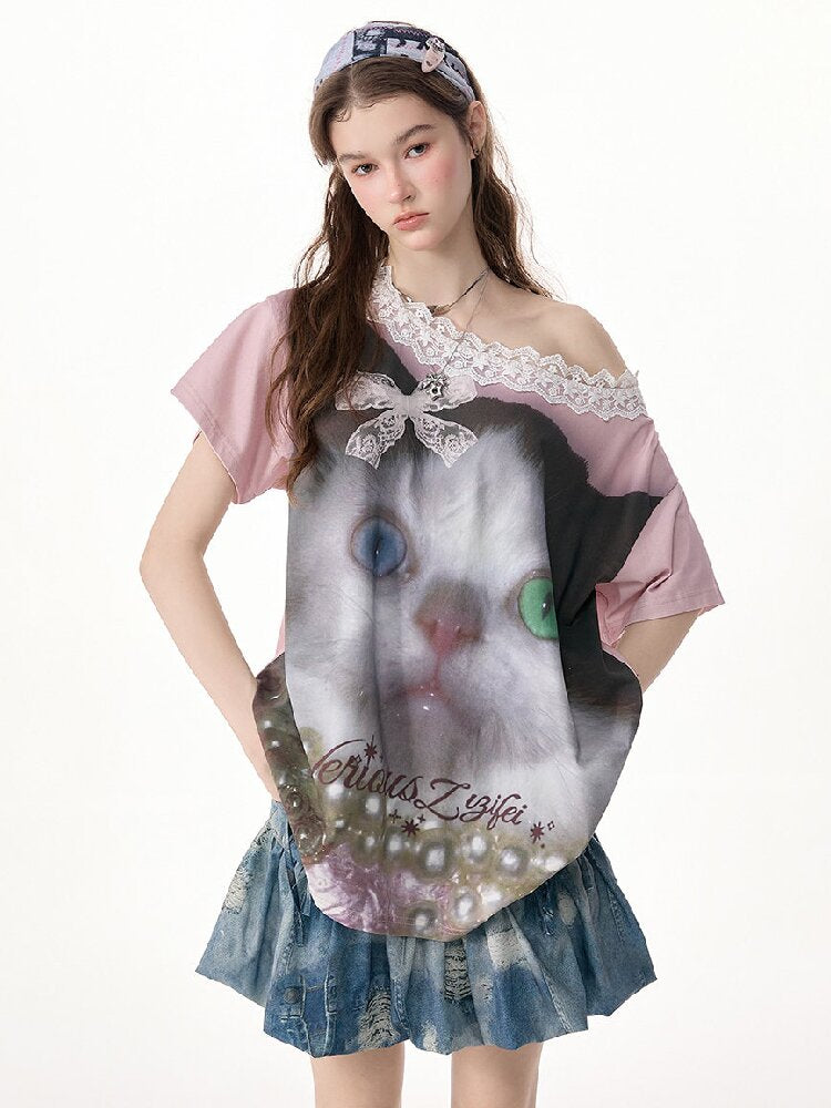 Lace Patchwork Cat Print Loose T【s0000017316】