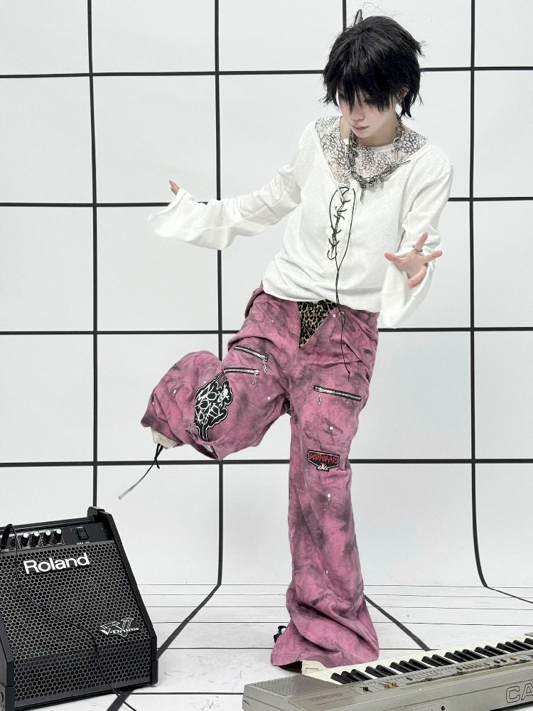 Punk double-waisted pink pants【s0000011686】