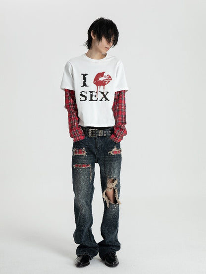 Red Plaid Patch Ripped Jeans【s0000018559】